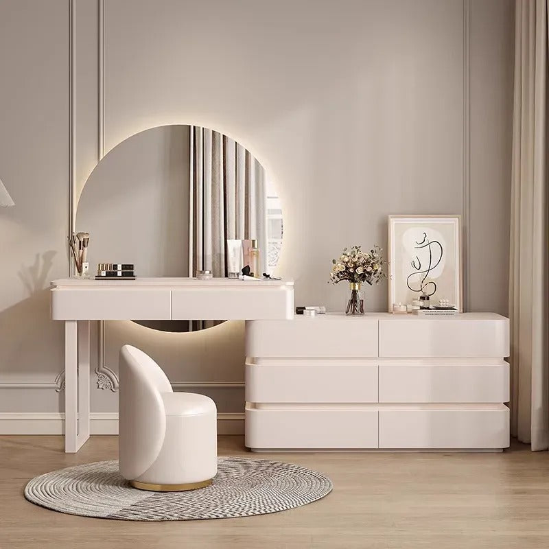 Modern Dressing Table with Round LED Mirror, Drawers & Stool.