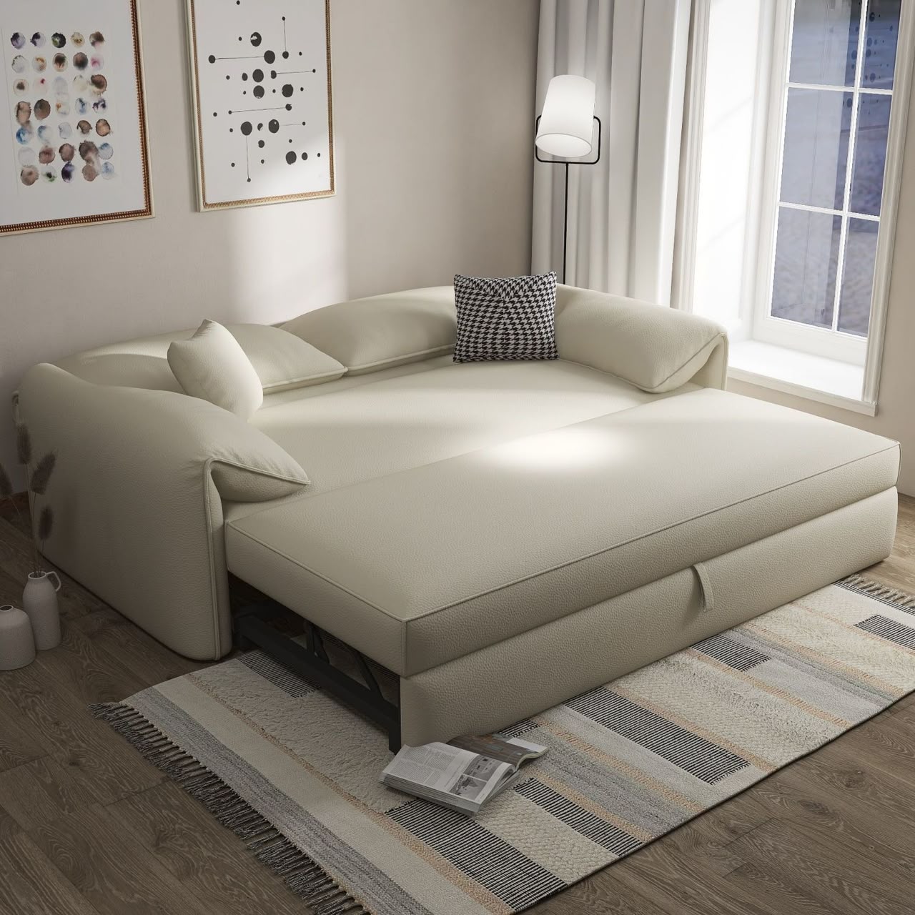 Modern Pull-Out Sofa Bed with Rounded Arms and Cushioned Backrest