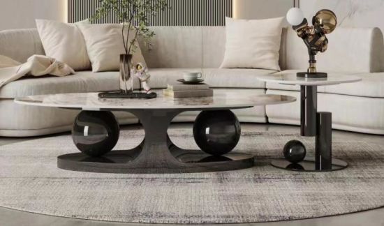 Living room Coffee Table Round Oval Slate Marble-Patterned Center Tables, Stainless Steel Gold Bases.