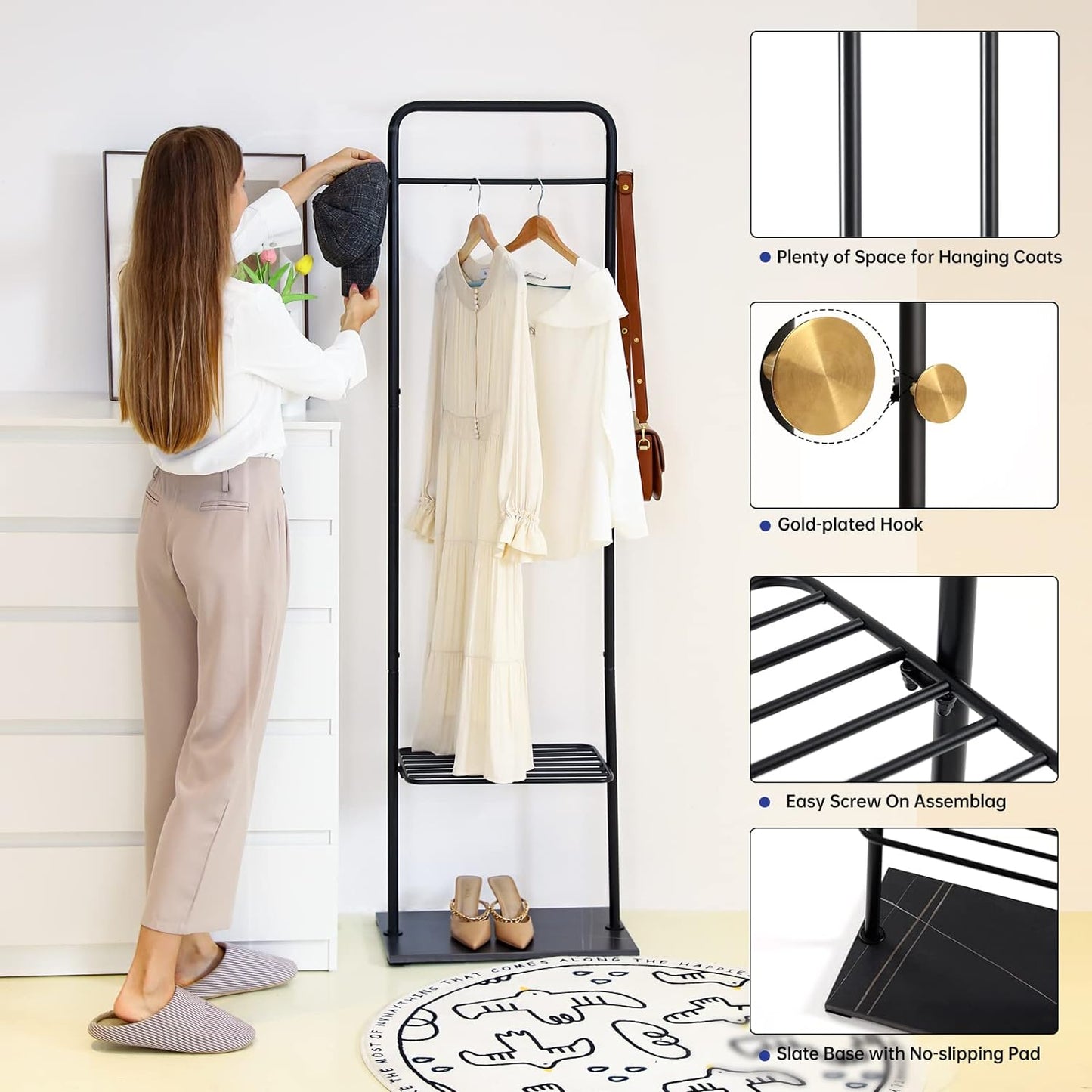 Free Standing Clothes Hanger Black Metal Garment Hanger with Shelf for Bedroom or Entryway.