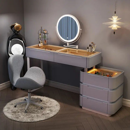 Sleek Modern Dressing Table with Chair and Retractable Mirror, Vanity Table Feature a Lighted Countertop.