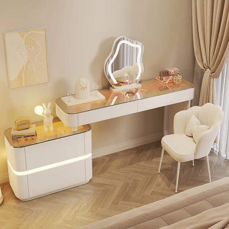 Modern White Dressing Table with LED Mirror, Slate Marble Vanity Table, Sleek Makeup Vanity Desk for Bedroom or Dressing Room