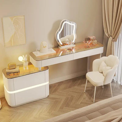 Modern White Dressing Table with LED Mirror, Slate Marble Vanity Table, Sleek Makeup Vanity Desk for Bedroom or Dressing Room