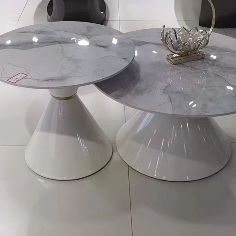 Set of Two Round Coffee Tables Sintered Stone Countertop Metal Base.