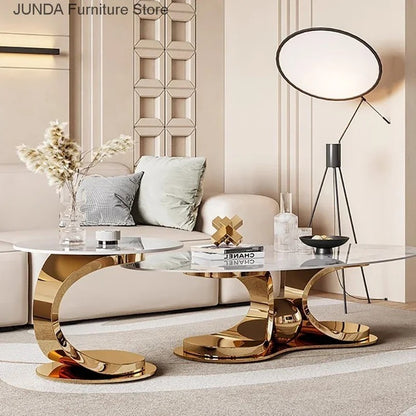 Luxurious Coffee Table Set Stainless Steel Gold with Slate Marble Top.