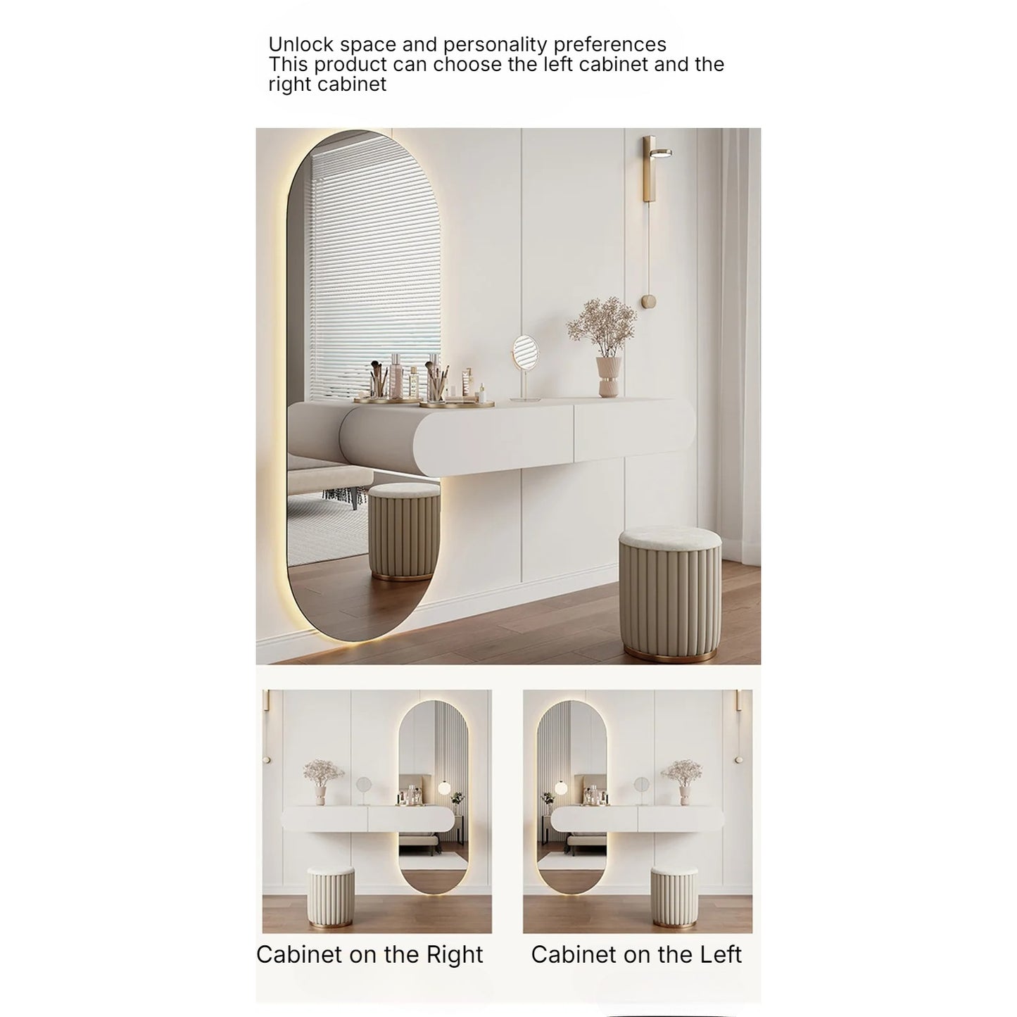 Wall-Mounted Dressing Table, Oval Full Length Lighted Mirror, 2 Storage Drawers.