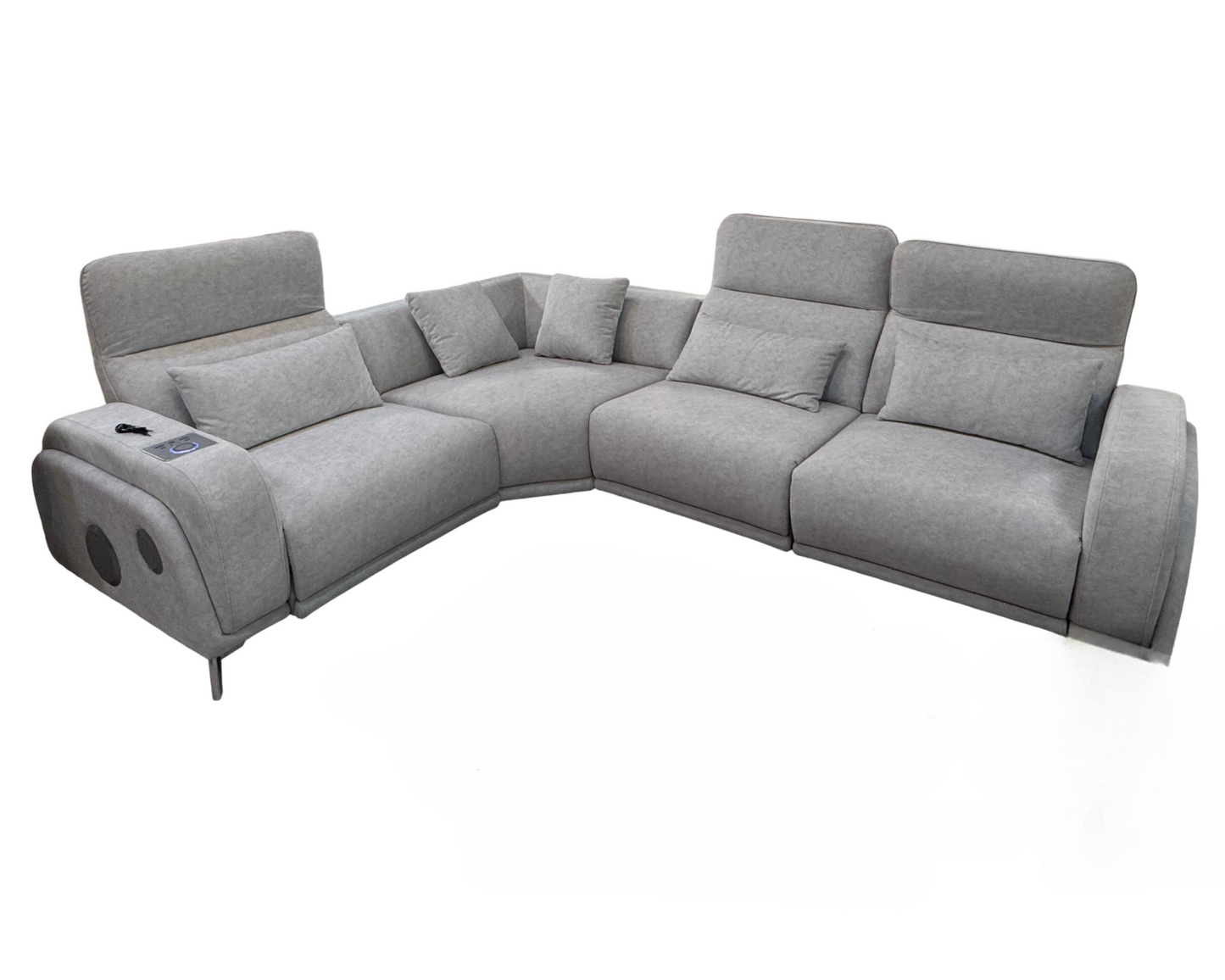 Modern Smart L-Shape Corner Sofa with Wireless Charging, Built-in Speakers, Voice Control, Recliner, and Smart Features.