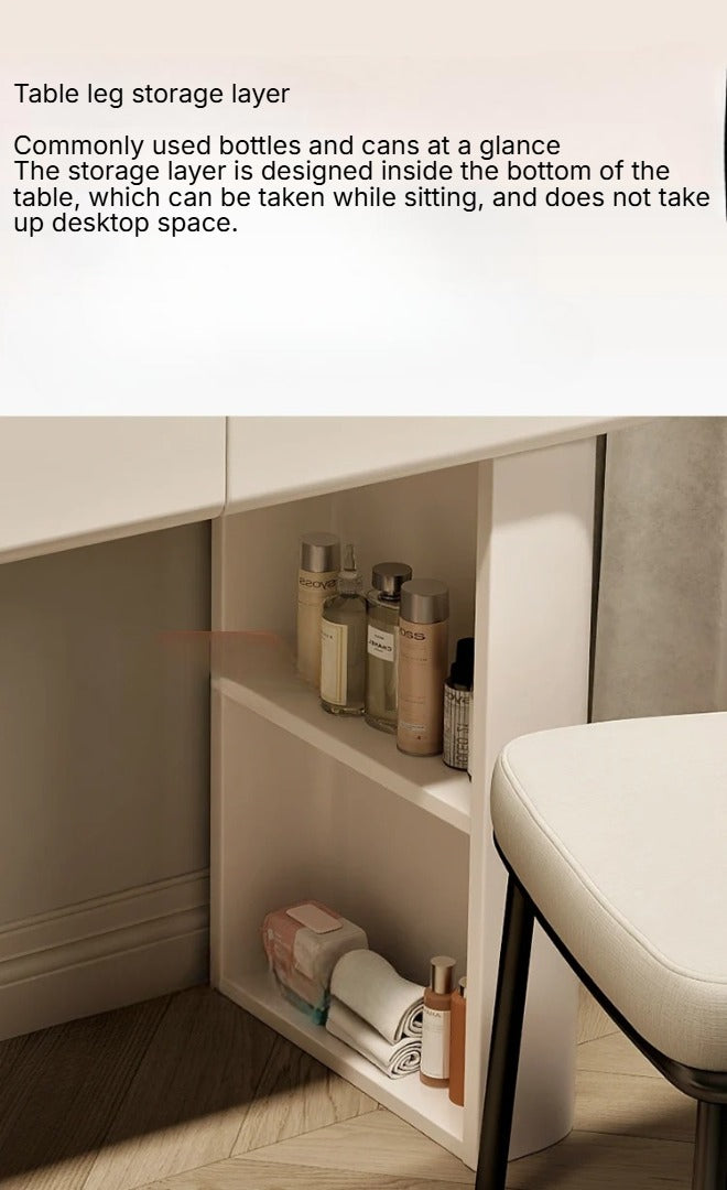 Sleek White Dressing Table Set with Stool and Mirror.