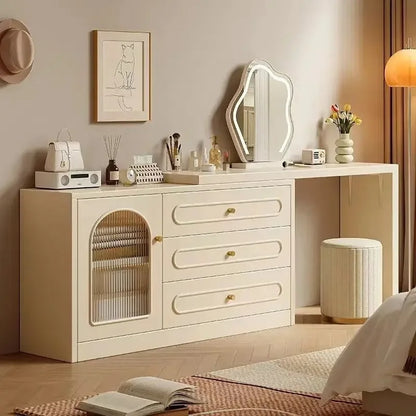 Spacious Dressing Table, Creamy Wooden Vanity Table.