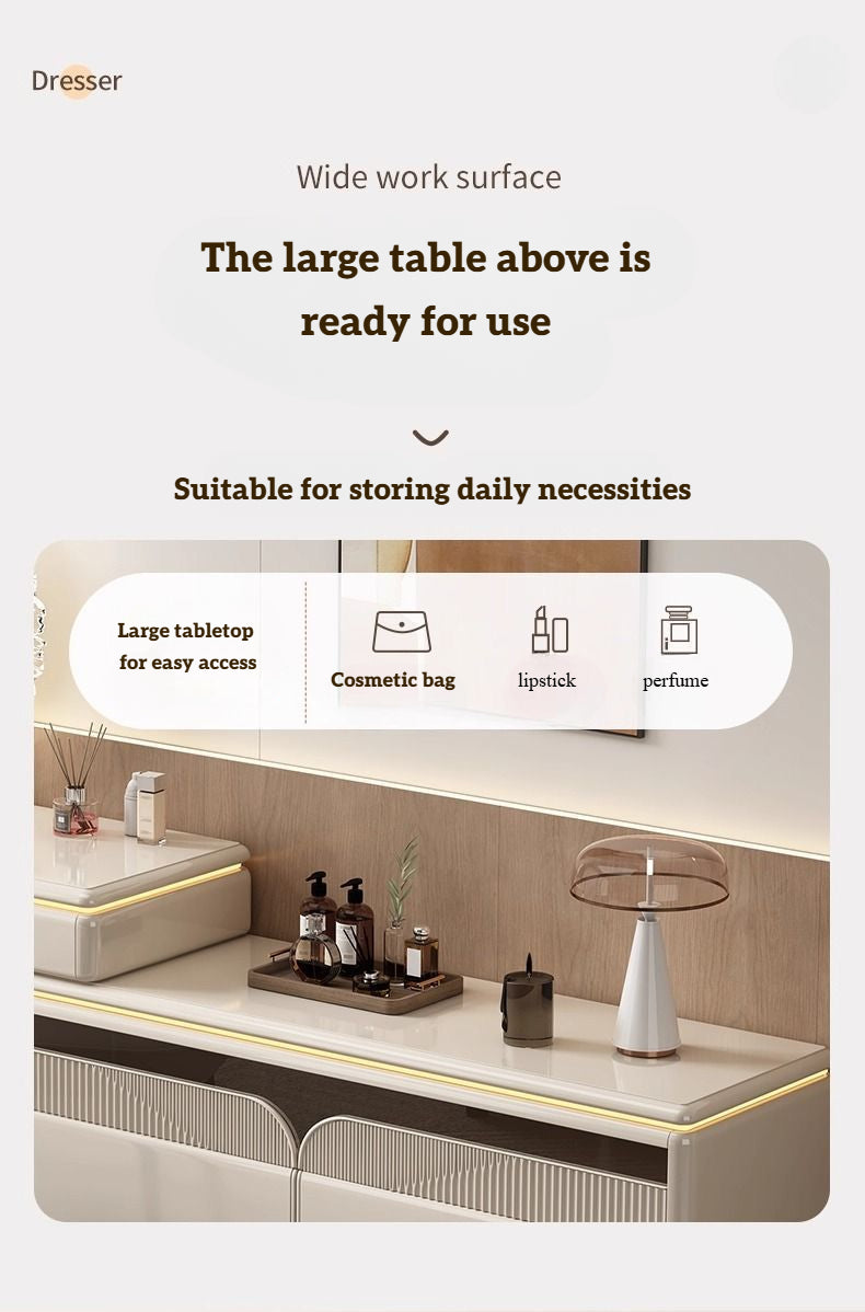 Premium Wooden Lighted Dressing Table, Glossy Off-White Finish.
