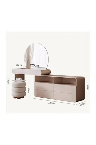 Modern Dressing Table Set with Rounded Big Mirror and Stool.