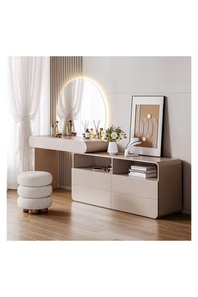 Modern Dressing Table Set with Rounded Big Mirror and Stool.