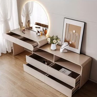 Modern Dressing Table Set with Rounded Big Mirror and Stool.