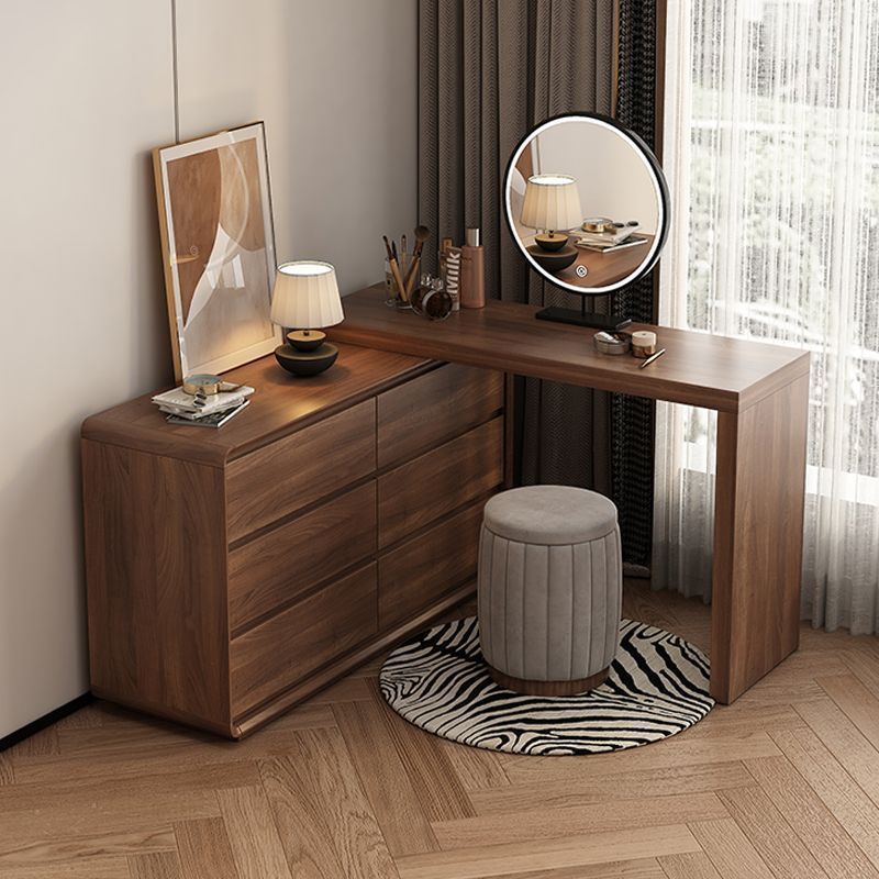 Contemporary Brown Wooden Dressing Table with Lighted Mirror and Stool.