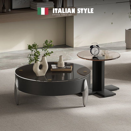 Round Coffee Table Set Italian Design Tempered Glass Table Top.