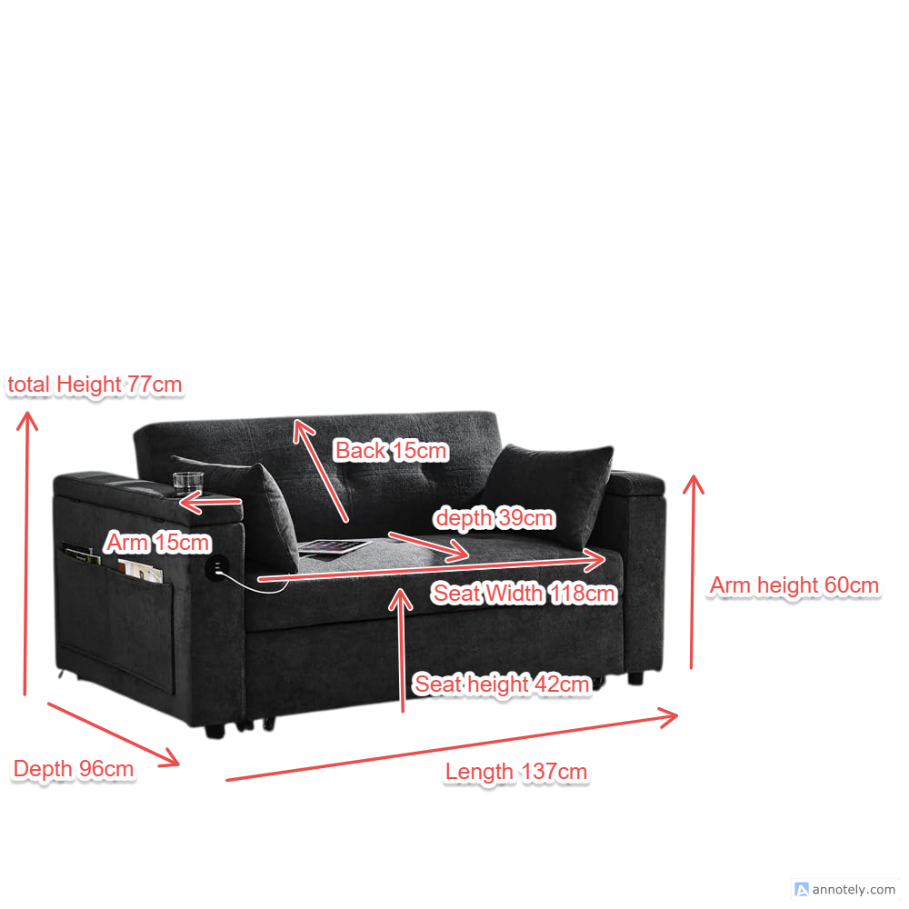 Double Seat Recliner Adjustable Backrest Sleeper Pull Out Sofa Bed With USB Ports.