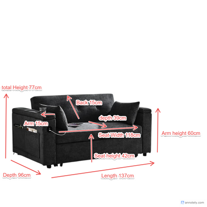 Double Seat Recliner Adjustable Backrest Sleeper Pull Out Sofa Bed With USB Ports.