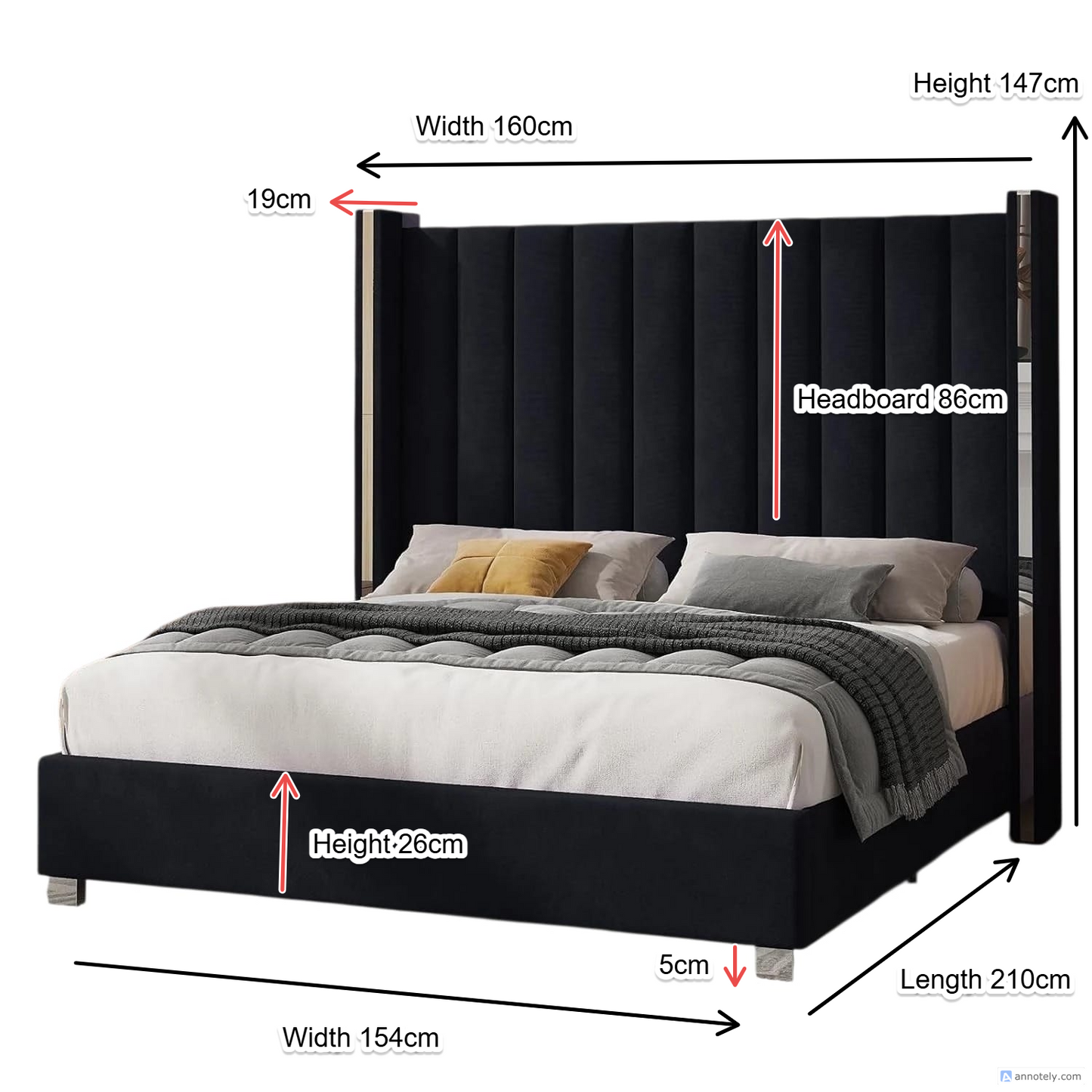 Majestic Crown Bed Frame with High Headboard, Channel Tufted Wingback and Plating Trim