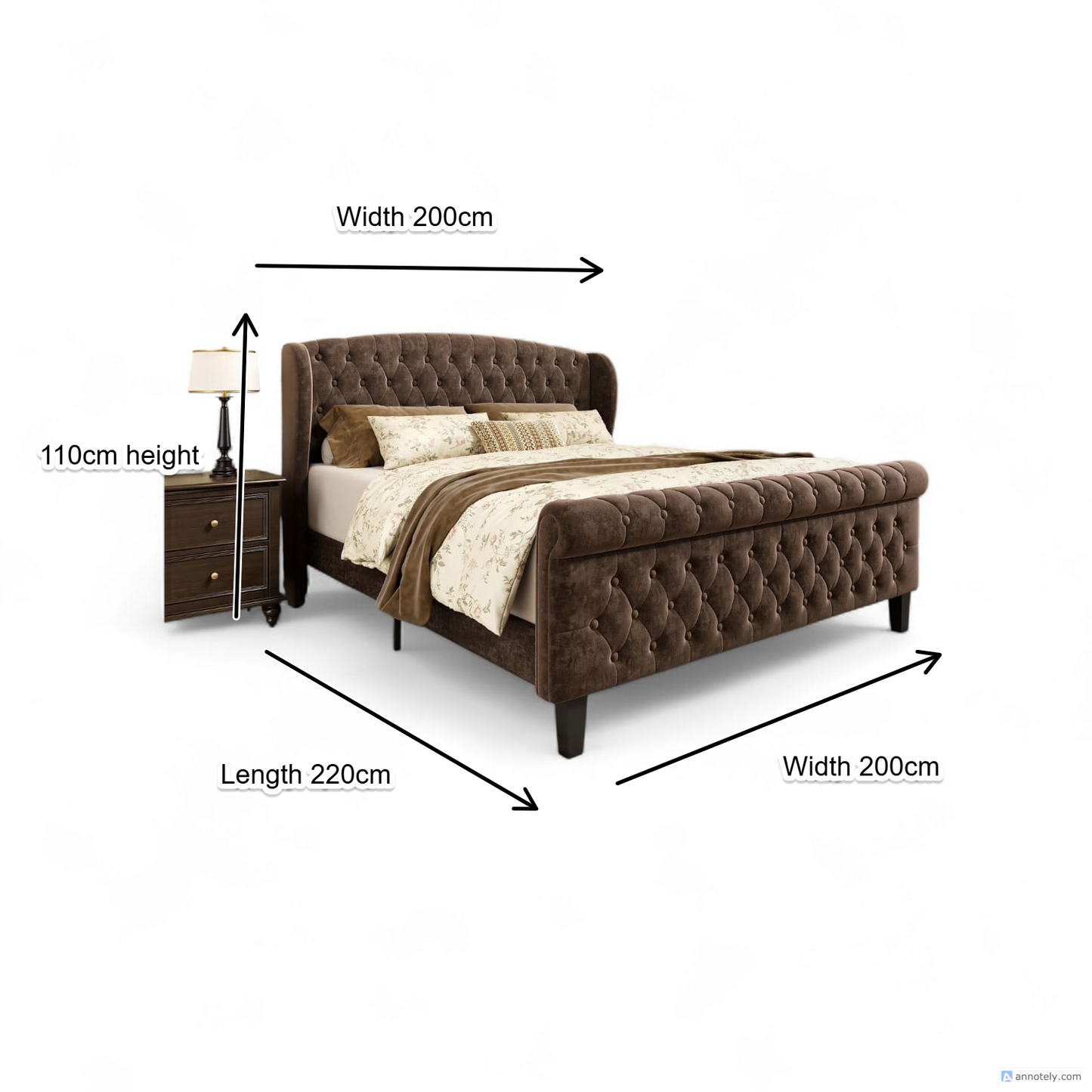 Grand Palace Upholstered Sleigh Bed Frame with Scrolled Headboard and Footboard.