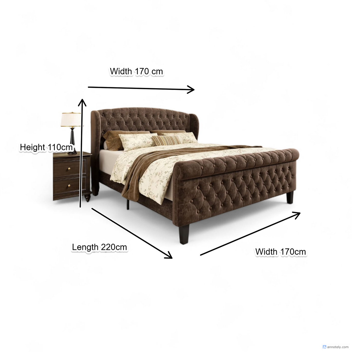 Grand Palace Upholstered Sleigh Bed Frame with Scrolled Headboard and Footboard.