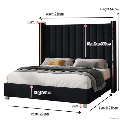 Majestic Crown Bed Frame with High Headboard, Channel Tufted Wingback and Plating Trim