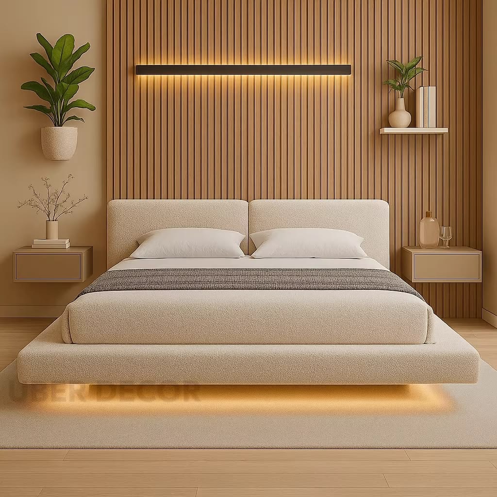 Modern Floating Upholstered Platform Bed with LED Lighting.