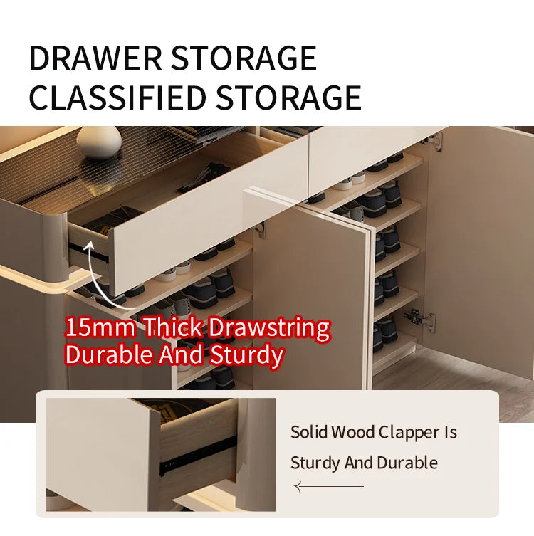 Modern Sleek Creamy Shoe Storage Cabinet with Warm Sense Light.