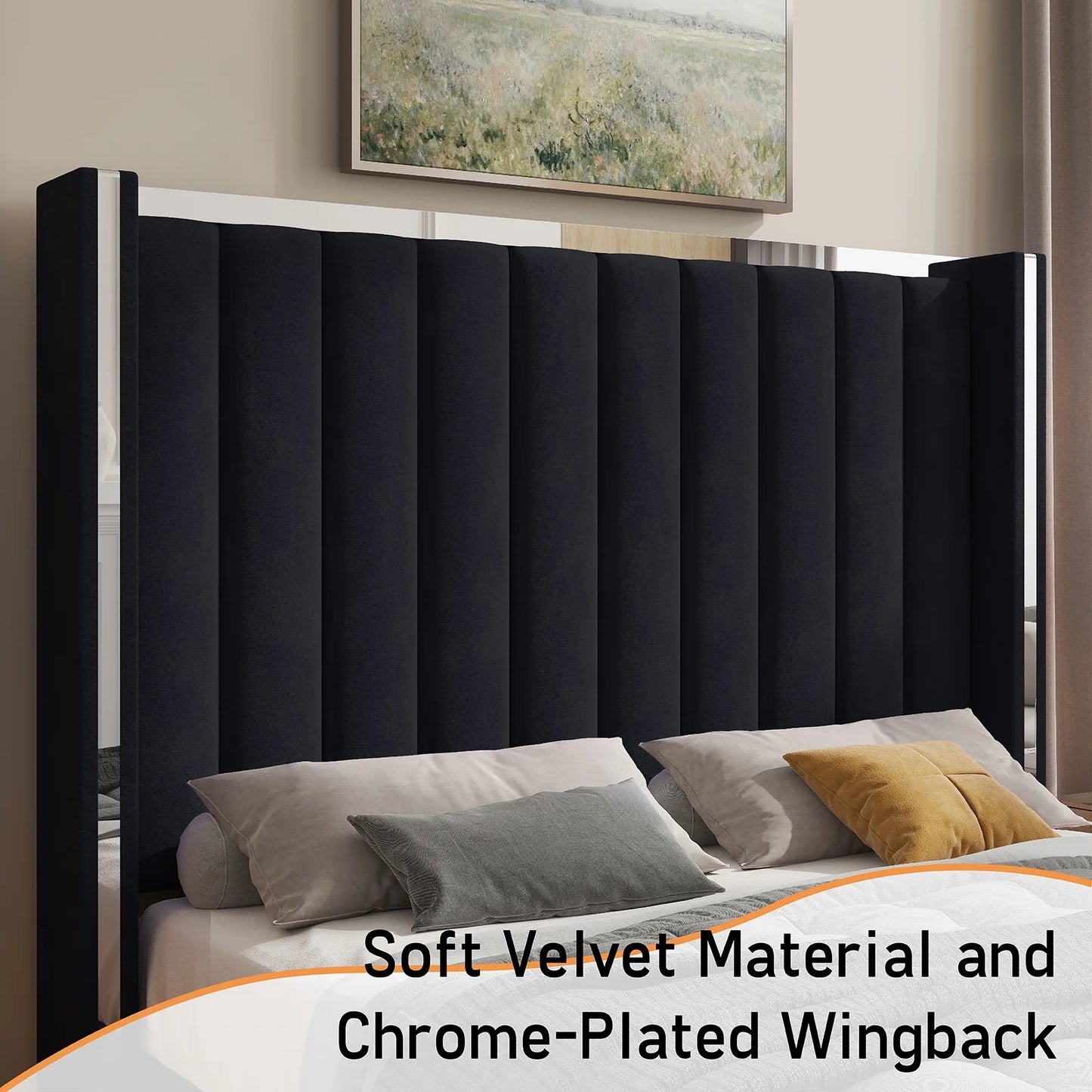 Majestic Crown Bed Frame with High Headboard, Channel Tufted Wingback and Plating Trim