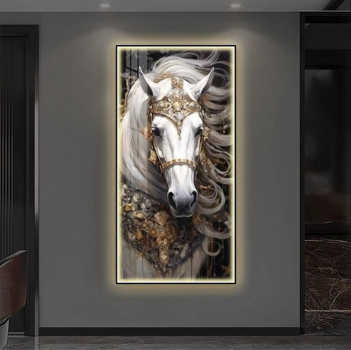 Large LED White Horse Painting Framed Wall Mural