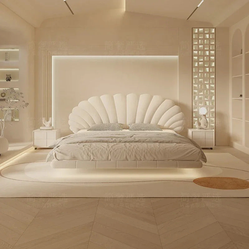 Floating Lighted Bed with Headboard in Seashell Style.