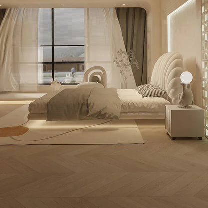 Floating Lighted Bed with Headboard in Seashell Style.