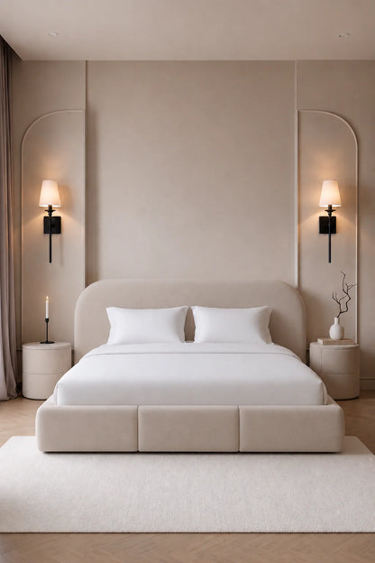Modern Beige Upholstered Bed Frame with Rounded Headboard.
