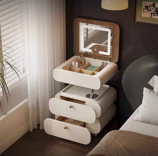 Minimalist Makeup Table with Flip Lighted Mirror.