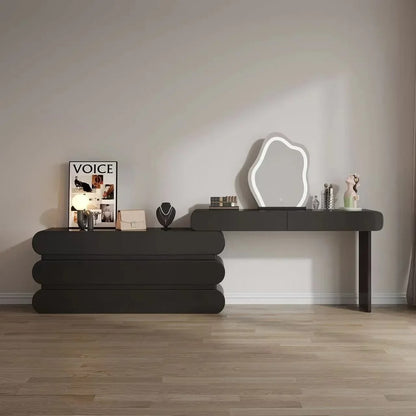 Modern dressing table set with irregular LED mirror, side cabinet, and matching upholstered stool for elegant bedrooms.