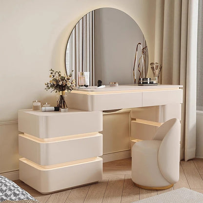 Modern Off-White Dressing Table Set with Round LED Mirror