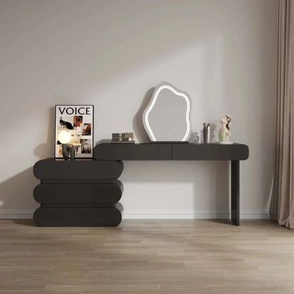 Modern dressing table set with irregular LED mirror, side cabinet, and matching upholstered stool for elegant bedrooms.