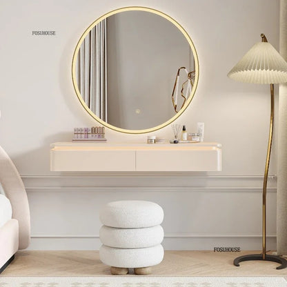 Modern Wall-Mounted Dressing Table Set with 120 cm Round LED Mirror, 2 Storage Drawers and Upholstered Stool.