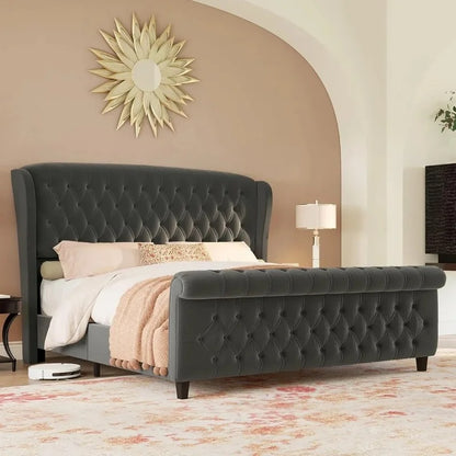 Velvet Upholstered Sleigh Bed Frame, Curved Headboard & Footboard, Deep Button Tufted Design.