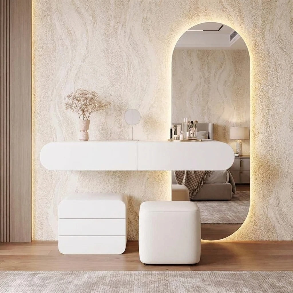 Modern Floating Vanity Table with LED Oval Mirror, Storage Drawer  and Stool- Luxury Wall Mounted Dressing Desk