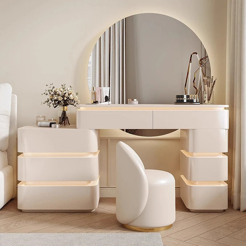 Modern Off-White Dressing Table Set with Round LED Mirror