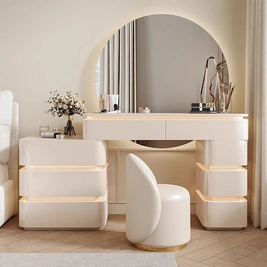 Modern Off-White Dressing Table Set with Round LED Mirror