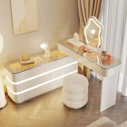 Modern White Dressing Table with LED Mirror and Stool.