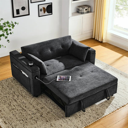 Double Seat Recliner Adjustable Backrest Sleeper Pull Out Sofa Bed With USB Ports.