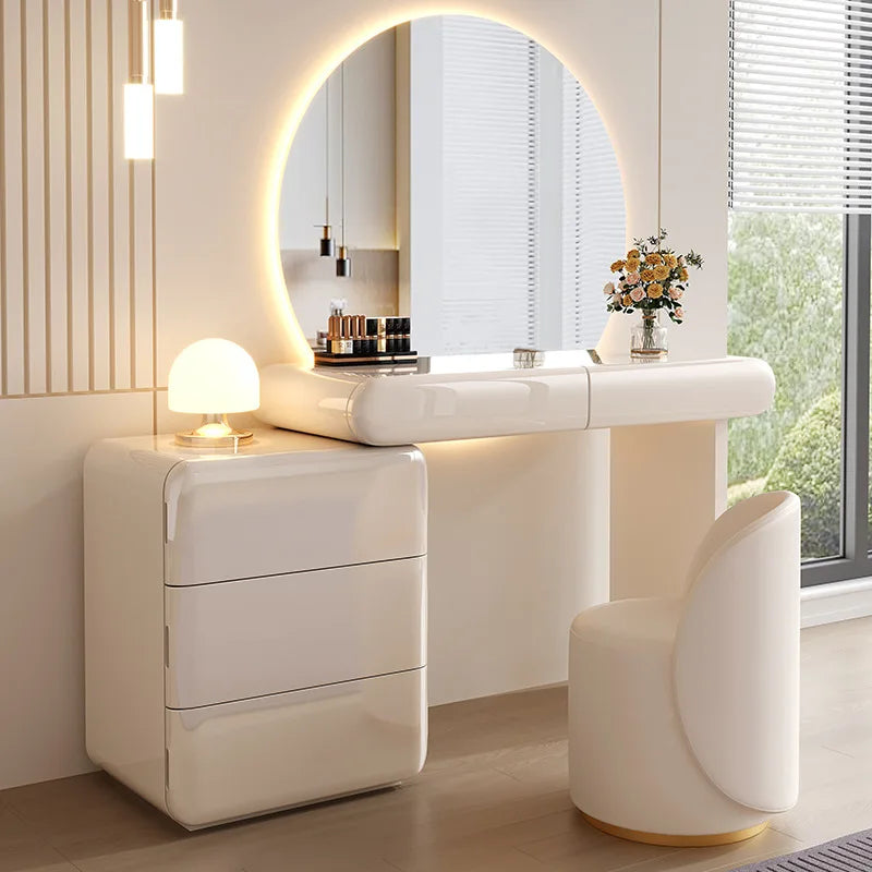 Modern LED Dressing Table Set with Round Mirror, Storage Drawers and Stool