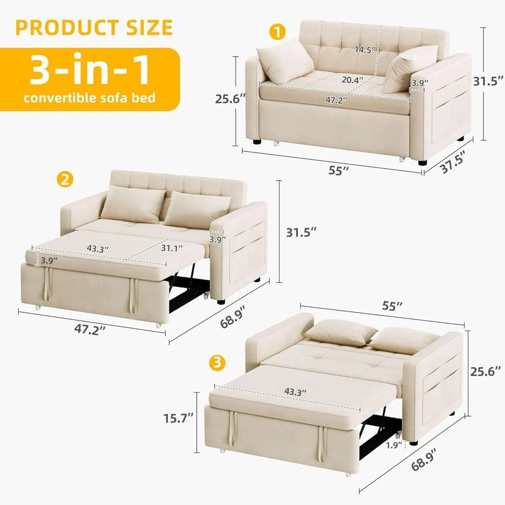 Velvet Futon Sofa Bed Couch with Adjustable Backrest and Side Pocket.