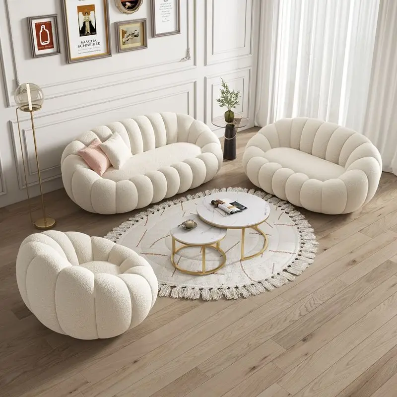 Living room Sofa Set, Trendy Pumpkin Design, Boucle Upholstery.