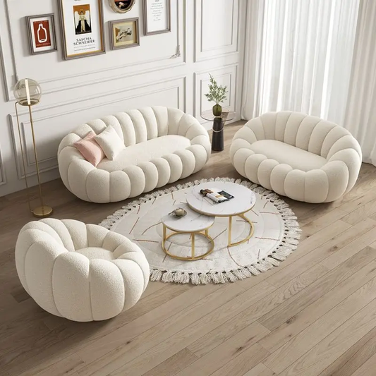 Living room Sofa Set, Trendy Pumpkin Design, Boucle Upholstery.