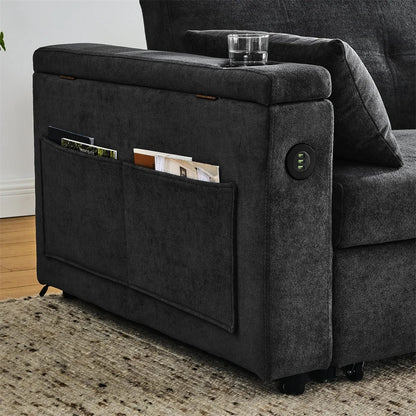 Double Seat Recliner Adjustable Backrest Sleeper Pull Out Sofa Bed With USB Ports.