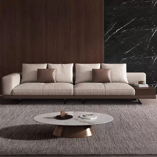 Modern Simple Sofa With One Sided Armrest, Upholstered in Leather.