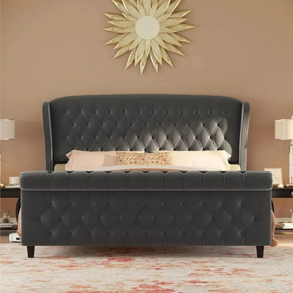 Velvet Upholstered Sleigh Bed Frame, Curved Headboard & Footboard, Deep Button Tufted Design.